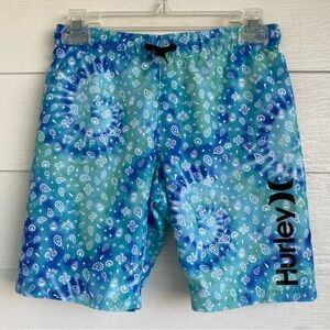 Hurley Tie Dye Blue and Green Boys Swim Trunks Size Small 8-10 Paisley Skull EUC